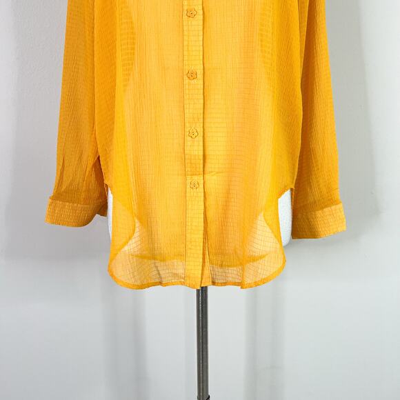 NEW Lisa Says Gah | Shirred Mustard Yellow Solid Sheer Flower Button Button Top - Picture 4 of 10